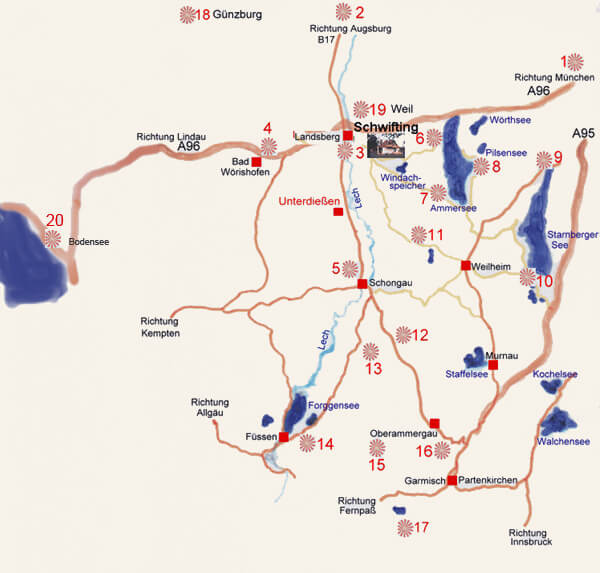 Landkarte mit Orten in der Umgebung von Landsberg